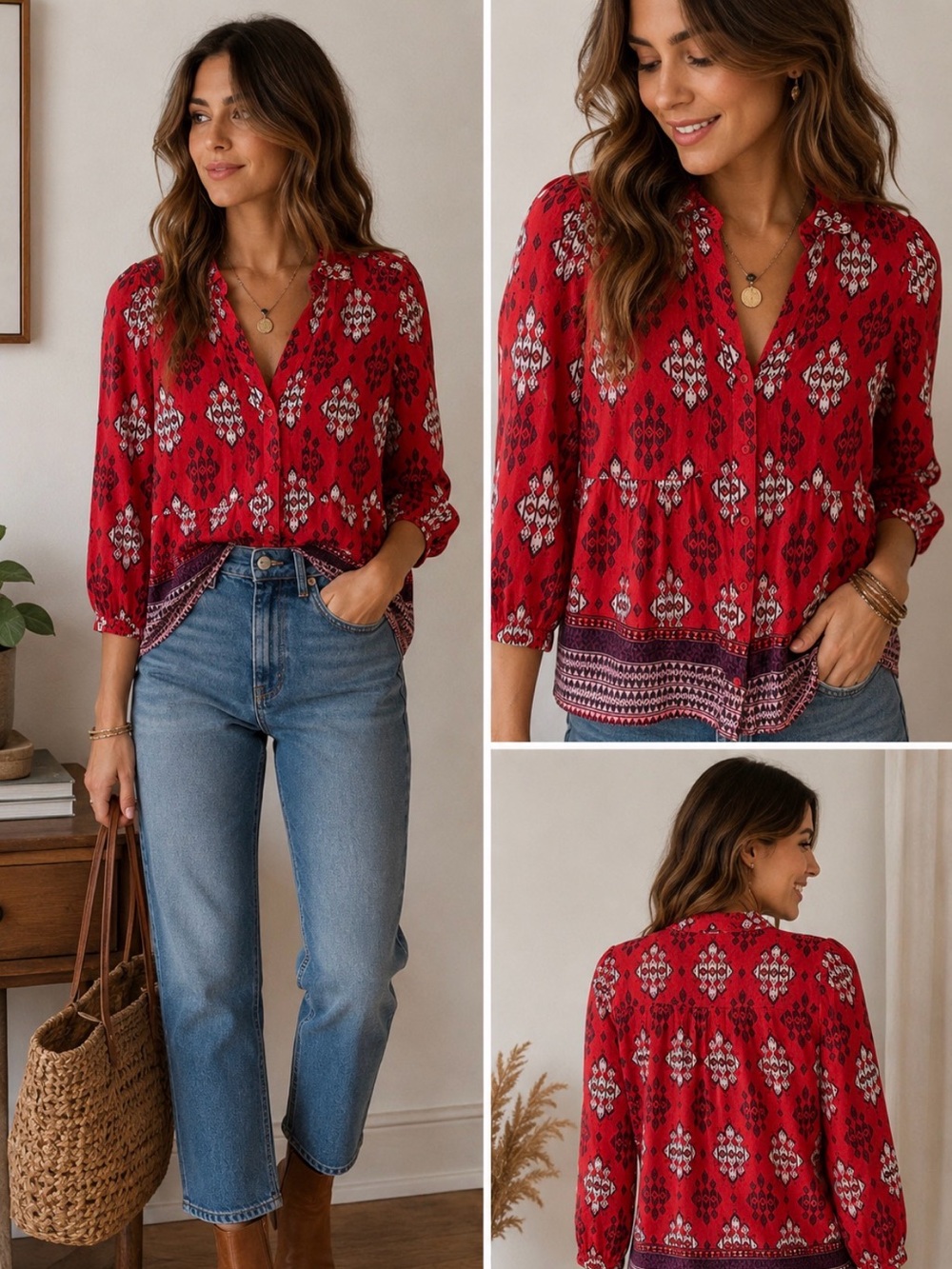 Maeve by Anthropologie Red and purple Patterned Button Down Shirt